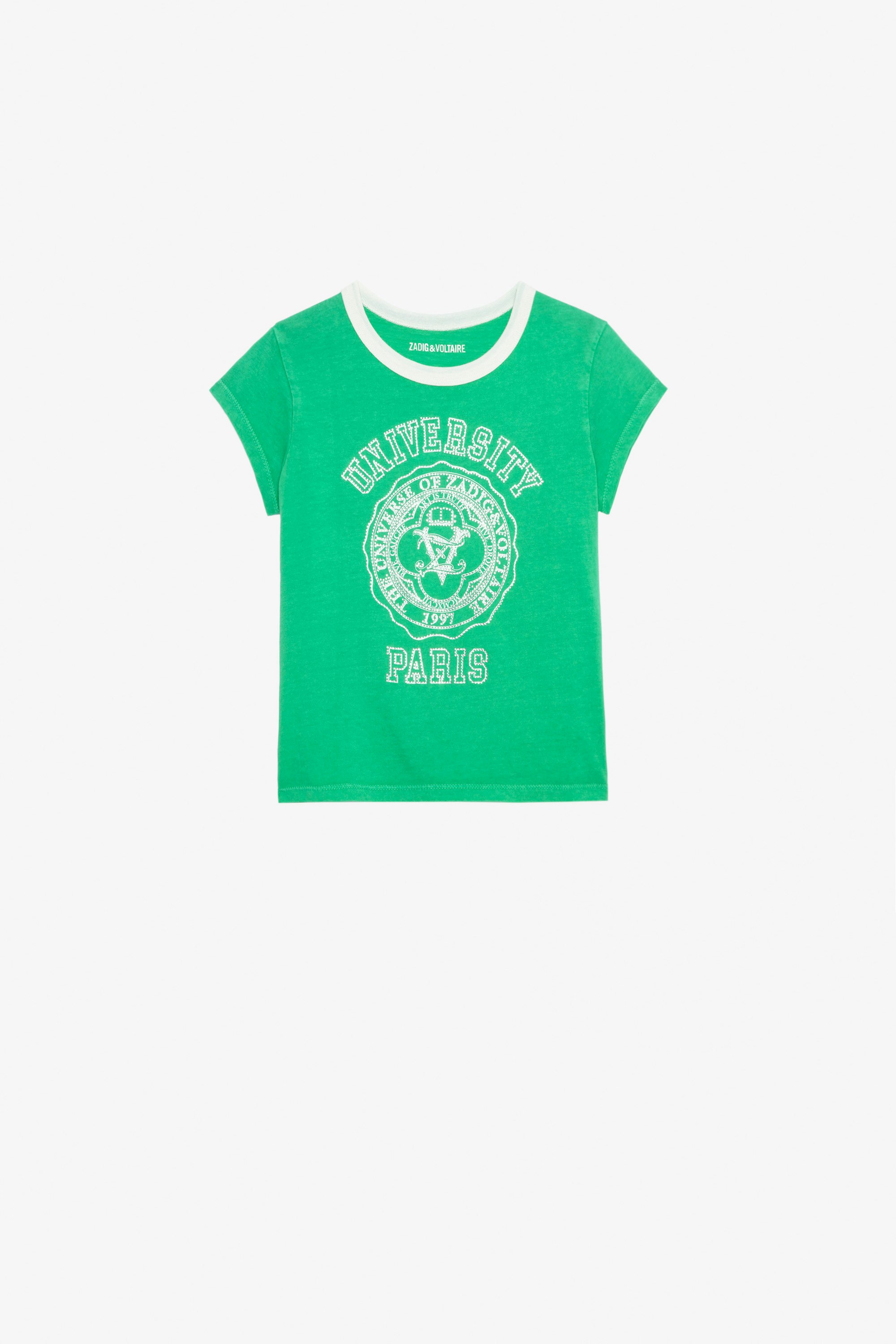 Camiseta Niels Niña - Camiseta verde de punto de algodón de manga corta con strass y motivo universitario para niña.