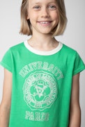 Niels Girls’ T-Shirt - Girls’ green short-sleeved cotton jersey T-shirt with diamanté and université motif.