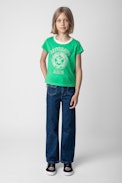 Niels Girls’ T-Shirt - Girls’ green short-sleeved cotton jersey T-shirt with diamanté and université motif.