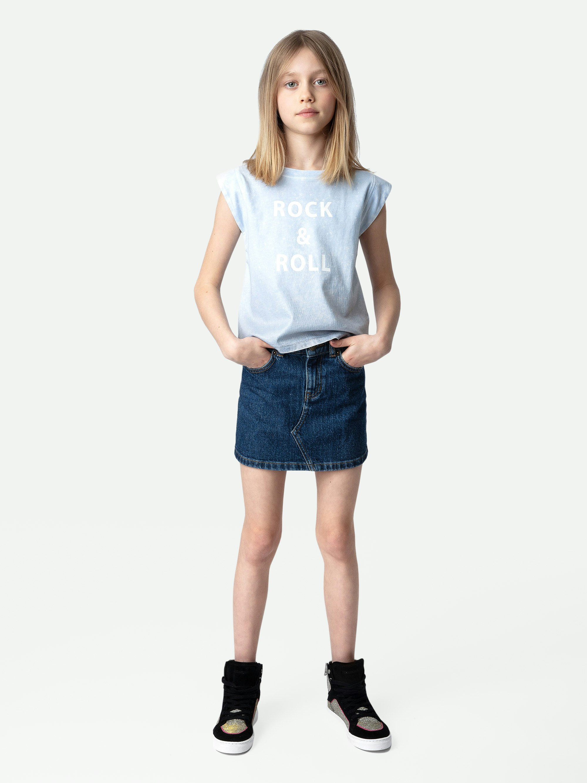 T-Shirt Alin für Mädchen - Mädchen-T-Shirt mit kurzen Ärmeln und „Rock & Roll“-Schriftzug.