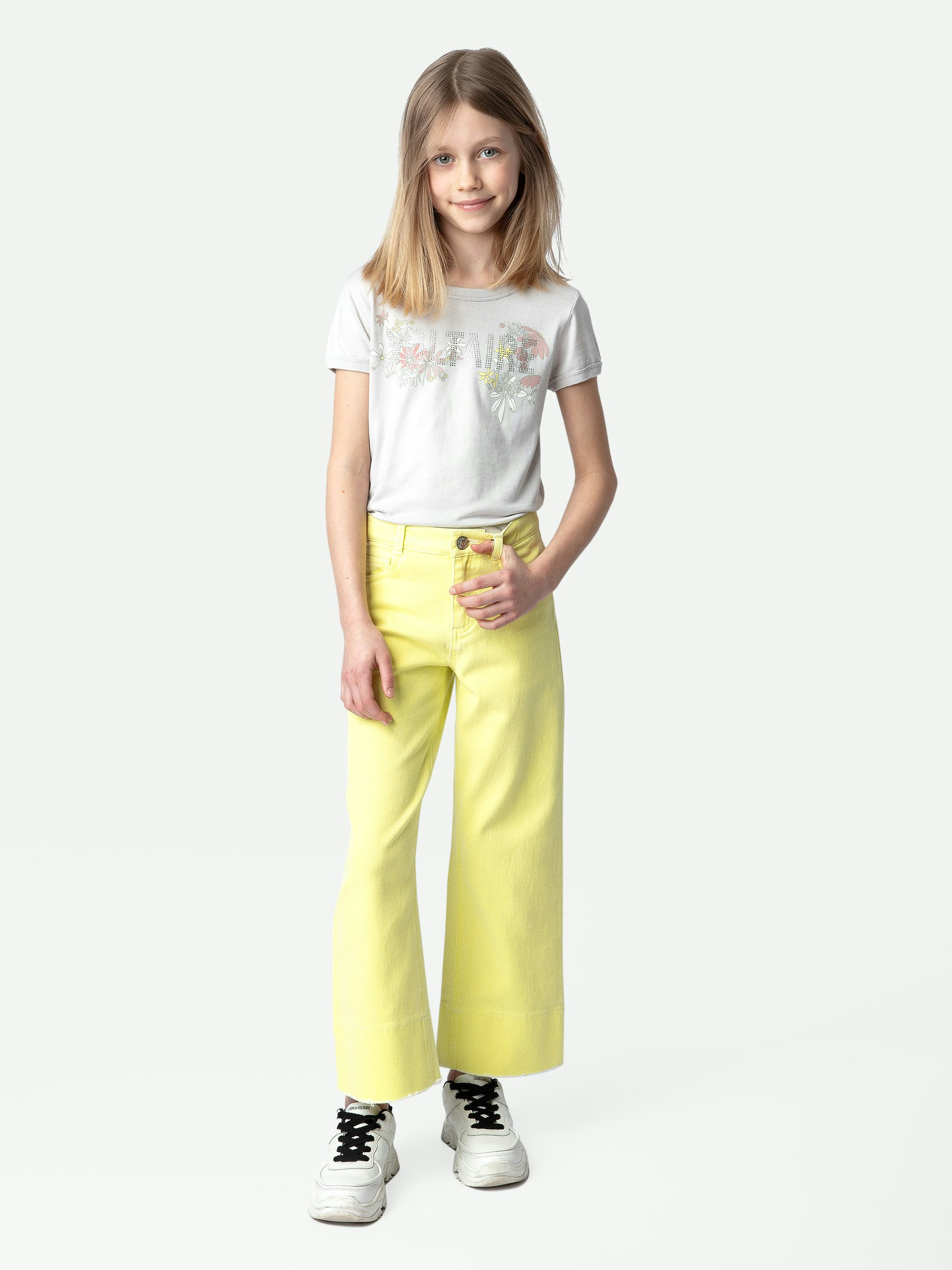 T-Shirt Alister für Mädchen - Graues Mädchen-T-Shirt mit kurzen Ärmeln aus Baumwolljersey mit Illustration.