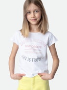 T-Shirt Amber für Mädchen - Weißes Mädchen-T-Shirt mit kurzen Ärmeln aus Baumwolljersey mit Wappen-Label.