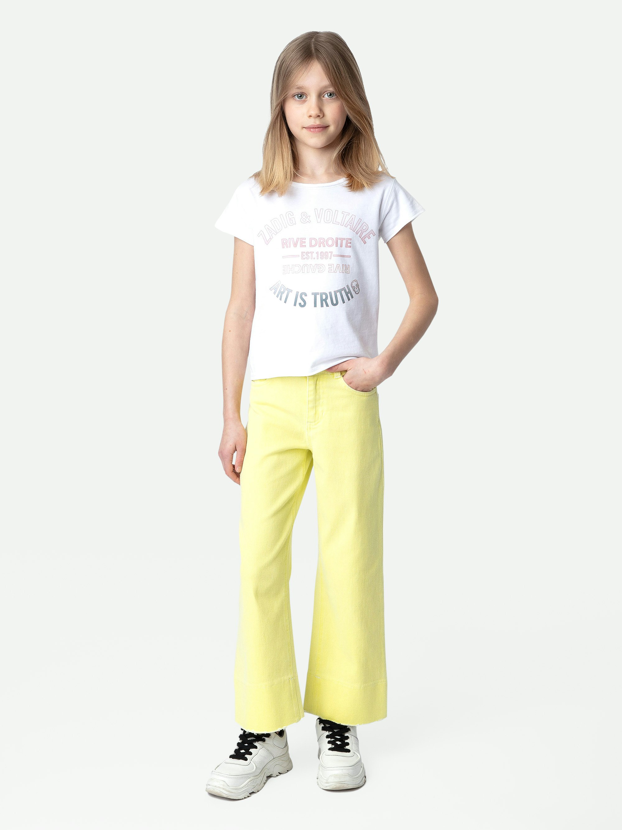 T-Shirt Amber für Mädchen - Weißes Mädchen-T-Shirt mit kurzen Ärmeln aus Baumwolljersey mit Wappen-Label.