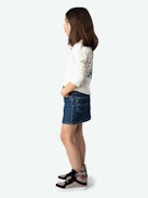 Girls' Boxo T-shirt - Girls' ecru organic cotton jersey Henley T-shirt with floral print and embroidery on the sleeve.