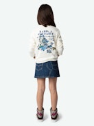 Girls' Boxo T-shirt - Girls' ecru organic cotton jersey Henley T-shirt with floral print and embroidery on the sleeve.