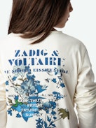 Girls' Boxo T-shirt - Girls' ecru organic cotton jersey Henley T-shirt with floral print and embroidery on the sleeve.