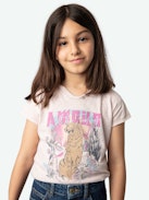 Girls' Boxo T-shirt - Girls' pale pink organic cotton mottled jersey Henley T-shirt with Concert prints and embroidery on the sleeve.