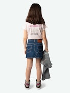 Girls' Boxo T-shirt - Girls' pale pink organic cotton mottled jersey Henley T-shirt with Concert prints and embroidery on the sleeve.