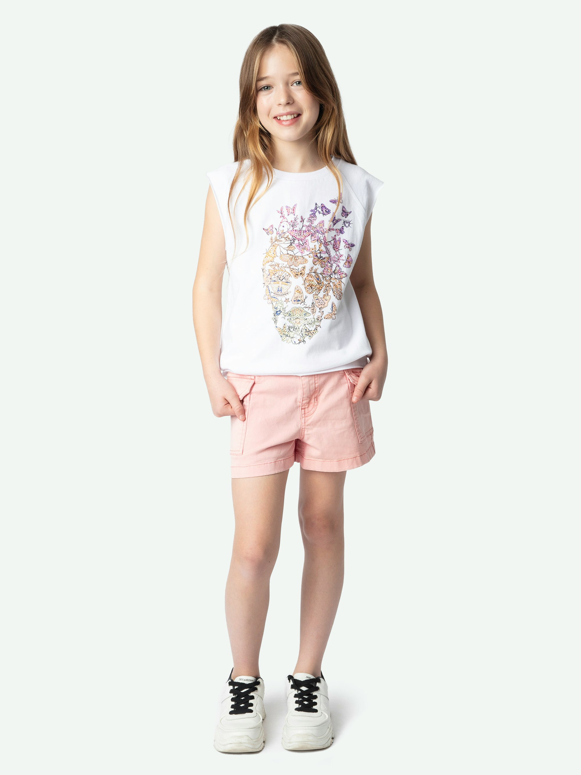 Patti Girl's T-shirt - Sleeveless tank top in thick white cotton jersey adorned with a rhinestone Skull illustration.