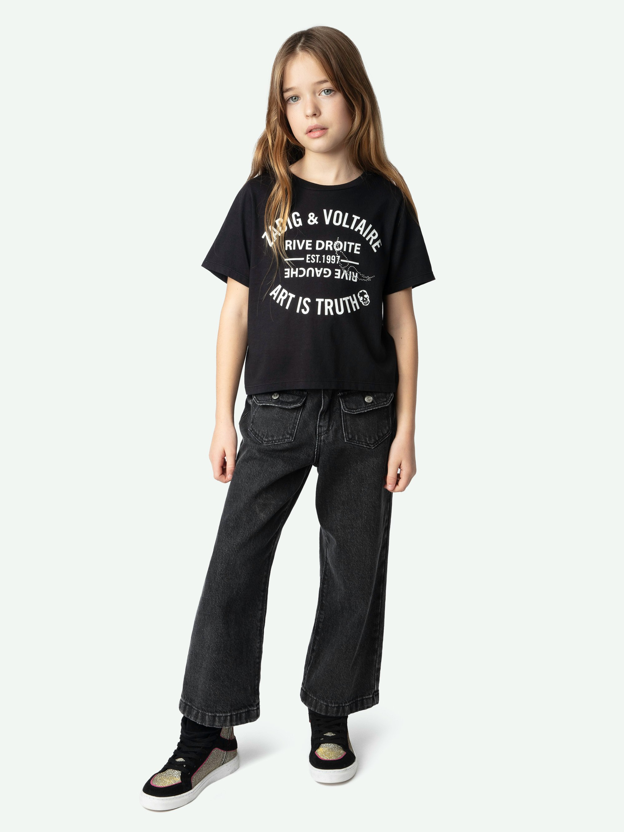 Amber Girls' T-shirt - Black cotton jersey T-shirt adorned with metallic-look crest and rhinestones.