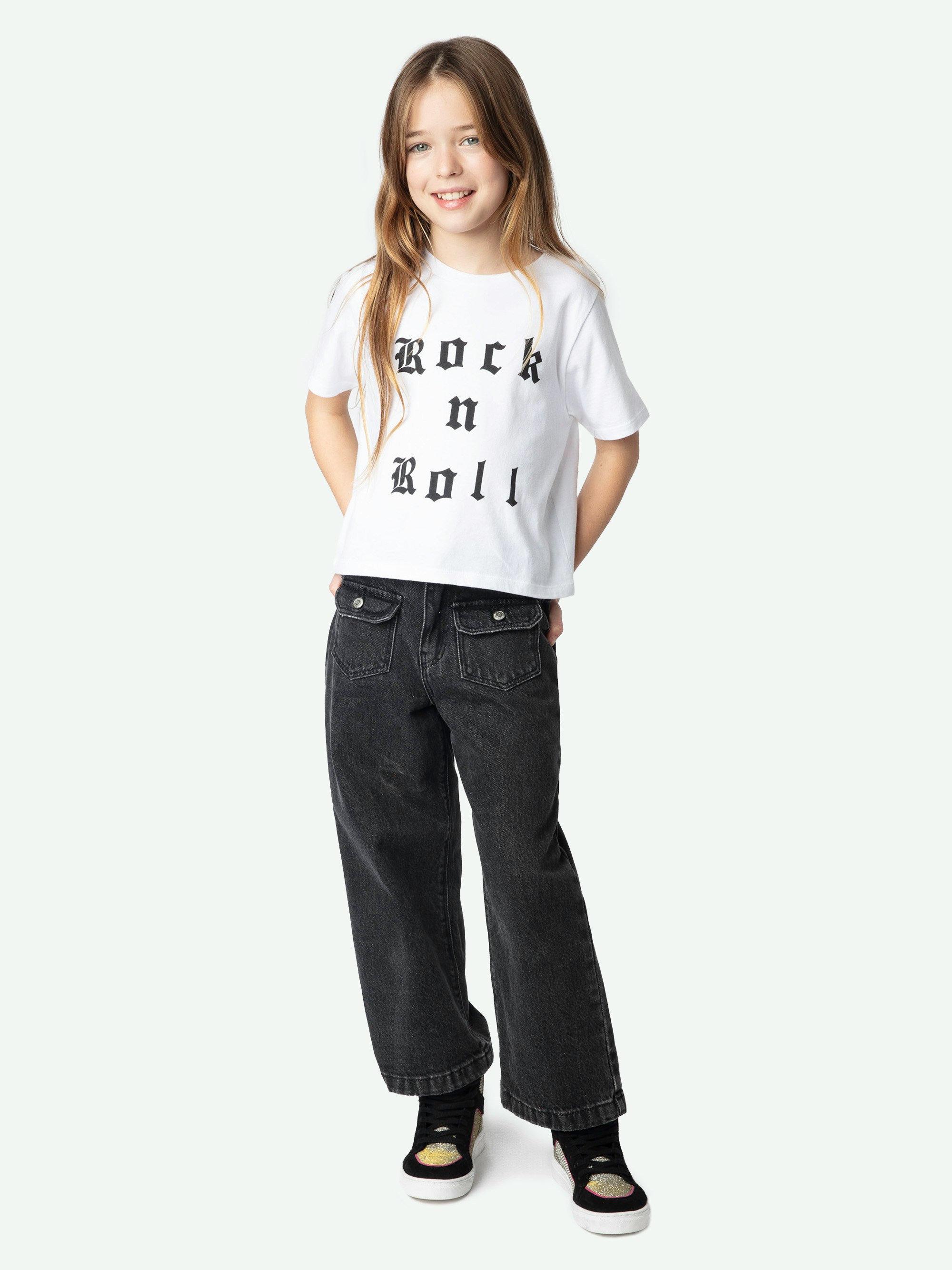 Amber Girls' T-shirt - White cotton jersey T-shirt adorned with a metallic and rhinestone "Rock'n'Roll" illustration.