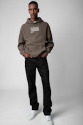 Sudadera Sanchi Photoprint - Sudadera con capucha de algodón de color bronce con estampado de texto e impresión fotográfica en la espalda para hombre