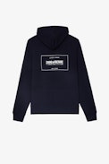 Sudadera Alex - Sudadera azul marino de algodón para hombre con cremallera, capucha y blasón de la marca en la espalda