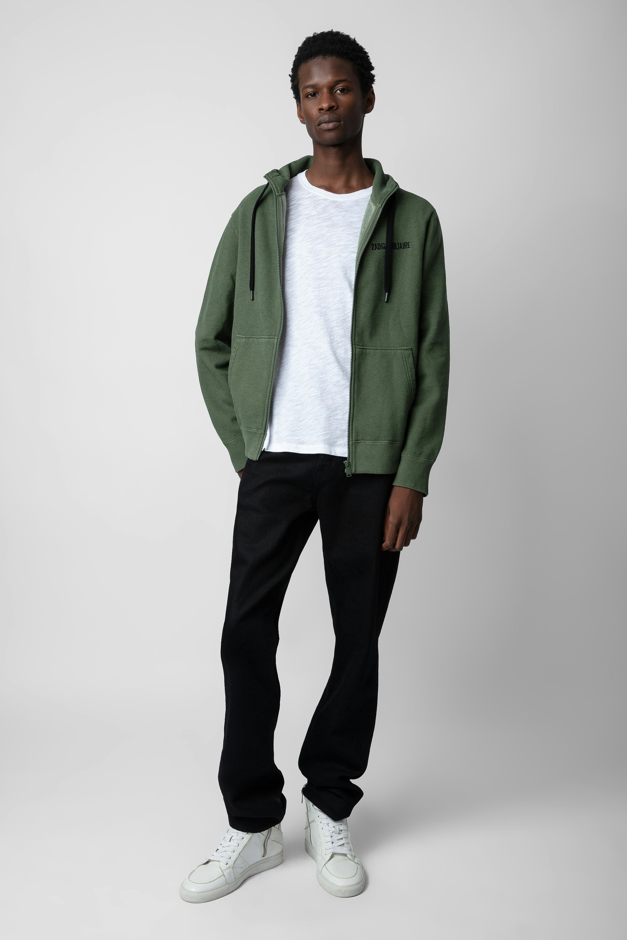 Alex Sweatshirt - Men’s khaki zip-up hooded sweatshirt with logo and “Art is Truth” concert print.