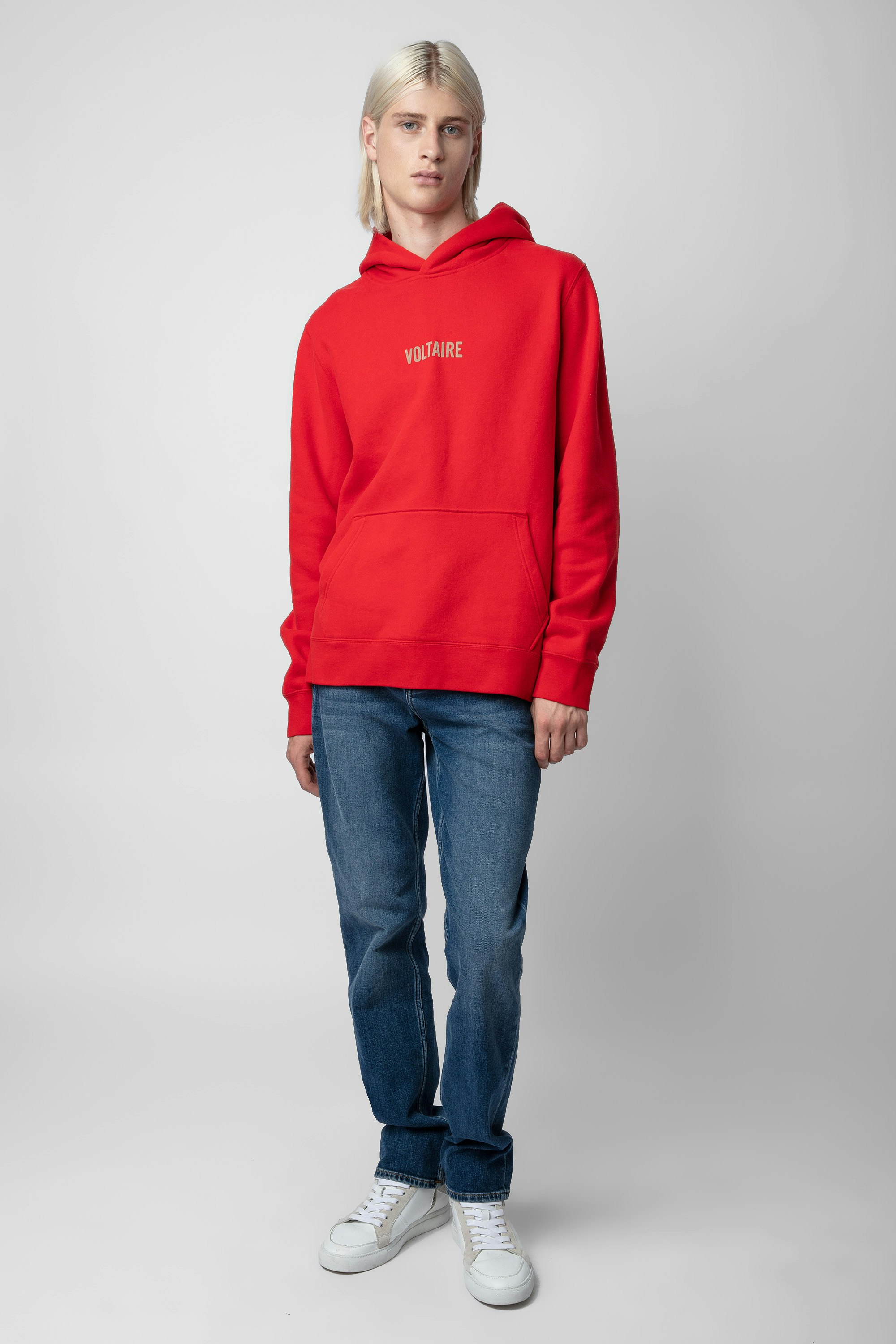 Sanchi Sweatshirt - Men’s red hoodie with Voltaire signature and arrow print.