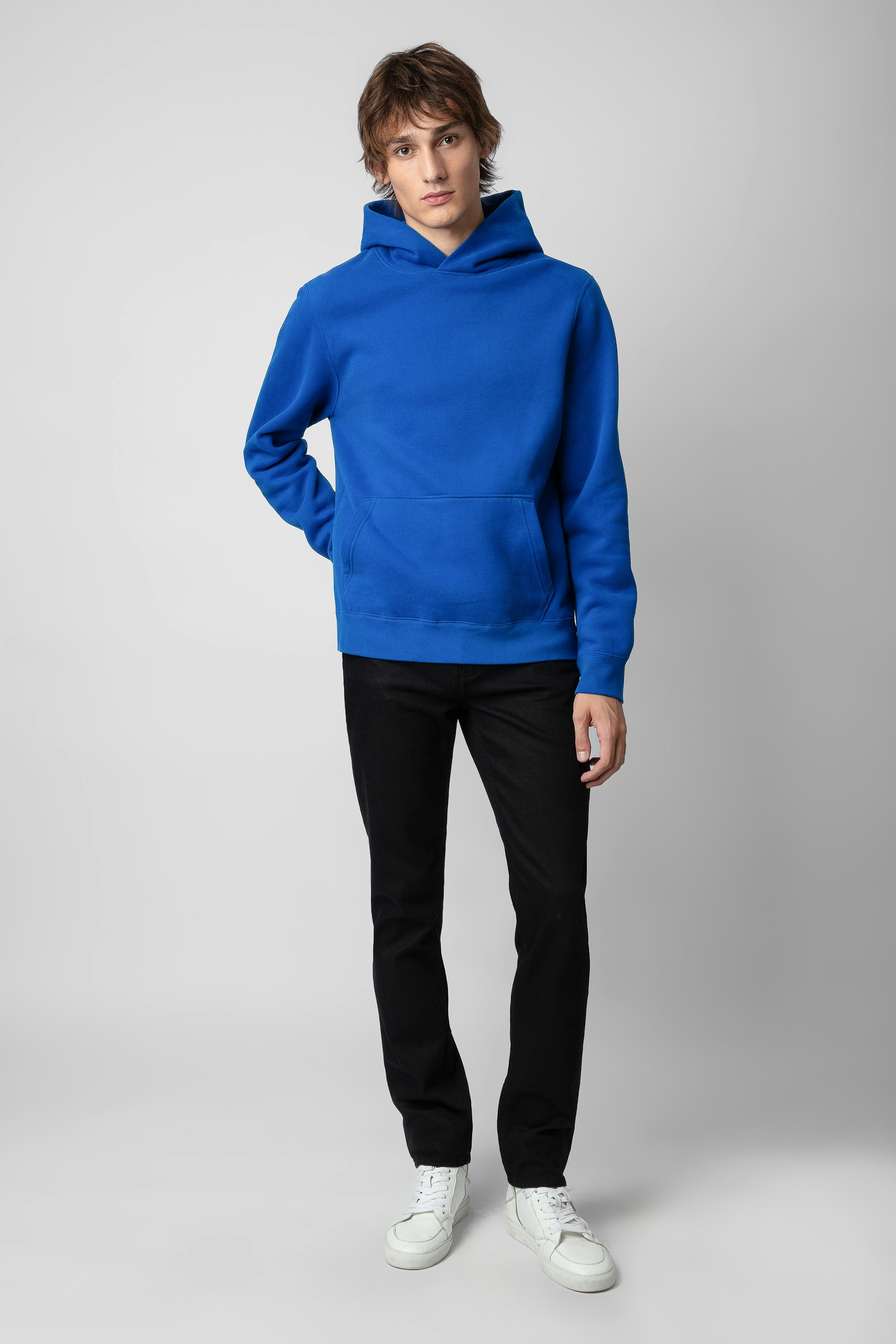 Sweatshirt Sanchi Fotoprint - Blaues Herren-Kapuzensweatshirt mit rückseitigem Bike-Fotoprint