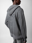 Felpa Alex Skull - Felpa in cotone grigio con zip, cappuccio, tasche e toppa Skull XO.