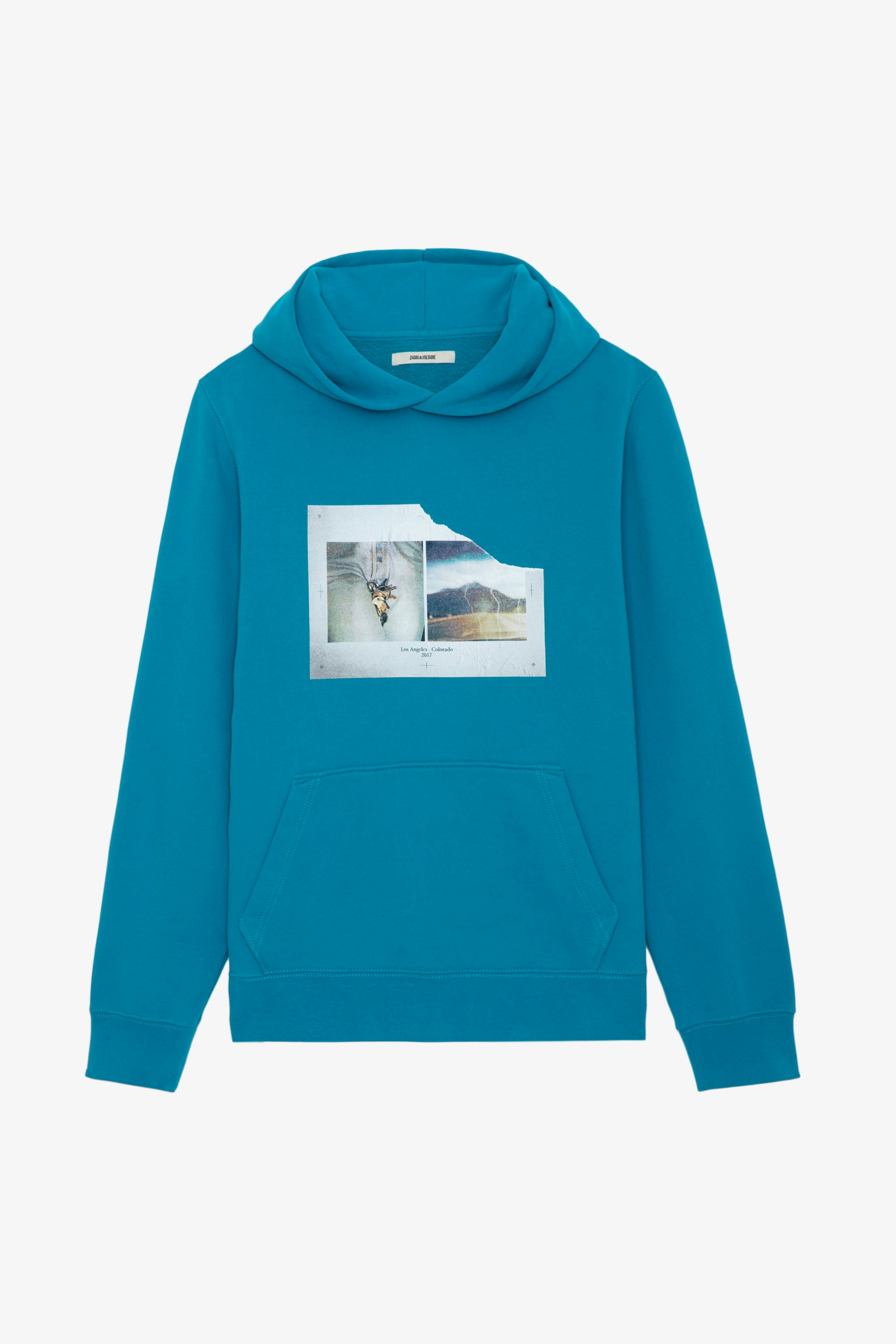 Sanchi Photoprint Sweatshirt - Teal blue long-sleeved hooded sweatshirt with photoprint and printed slogan.