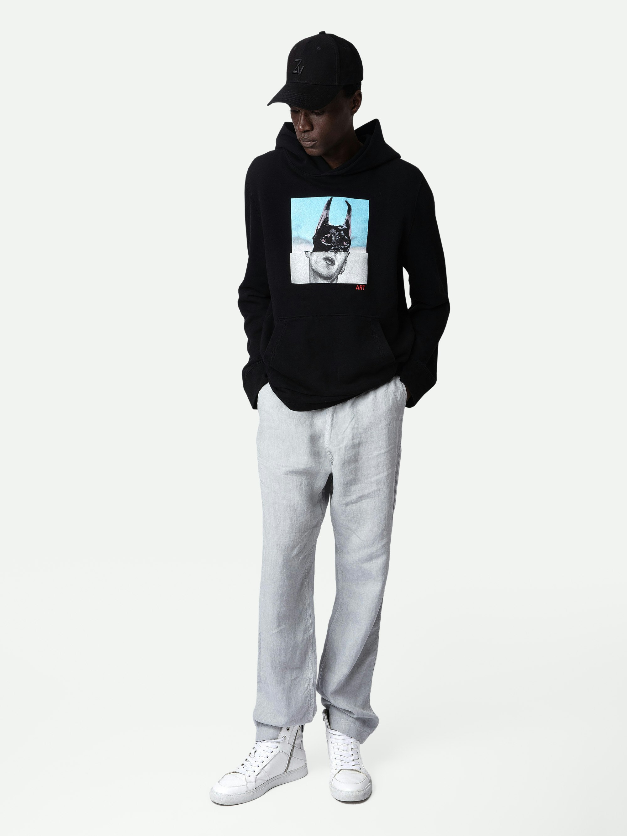 Sancho Photoprint Sweatshirt - Men's black hoodie with photo print on front.