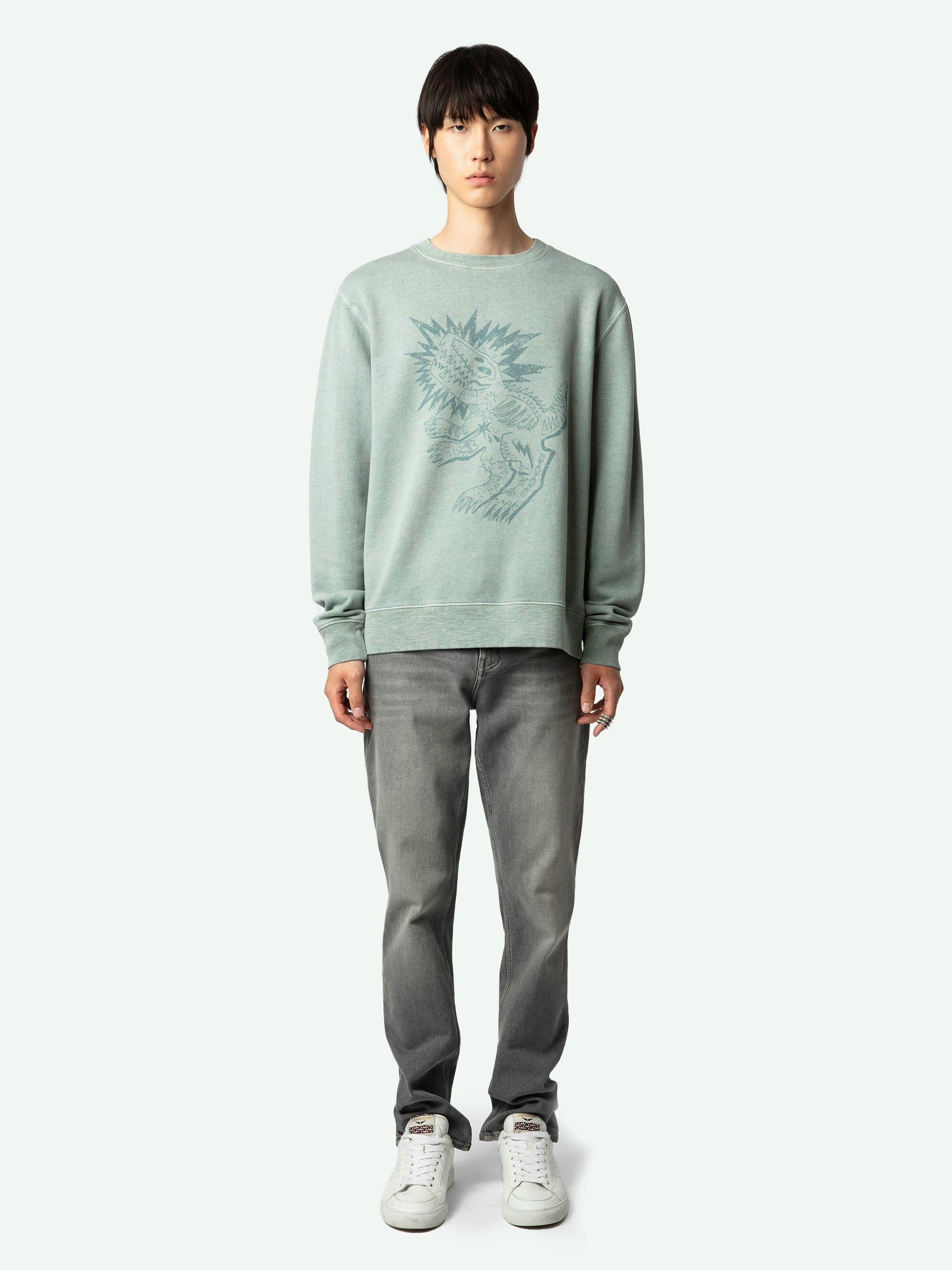 Simba Sweatshirt - Long-sleeved light blue organic cotton sweatshirt with Dinosaur print on front and message on back.