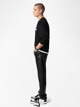 Felpa Aime - Felpa in cotone biologico nero con maniche lunghe e ricamo "Rock'N'Roll Is Not Dead".