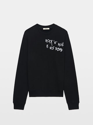 Sweatshirt Aime - Sweatshirt molletonné en coton biologique noir à manches longues et broderie "Rock'N'Roll Is Not Dead".