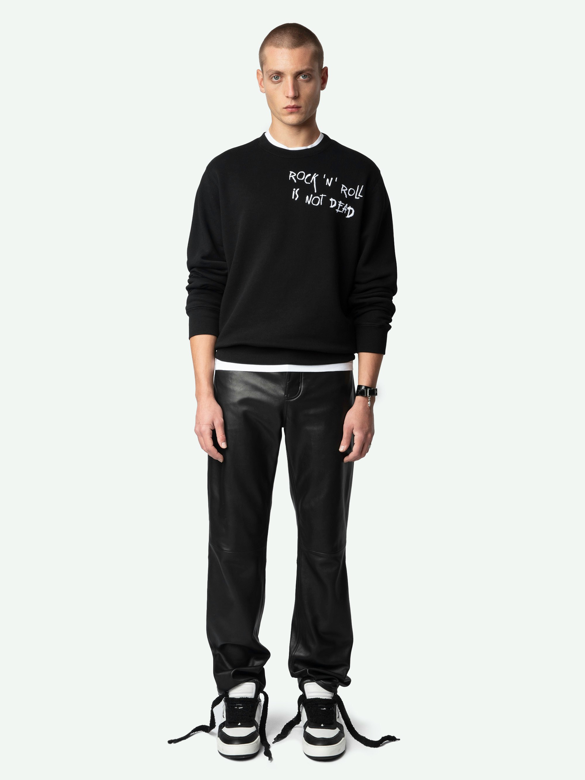 Aime Sweatshirt - Black fleece sweatshirt in organic cotton with long sleeves and "Rock'N'Roll Is Not Dead" embroidery.