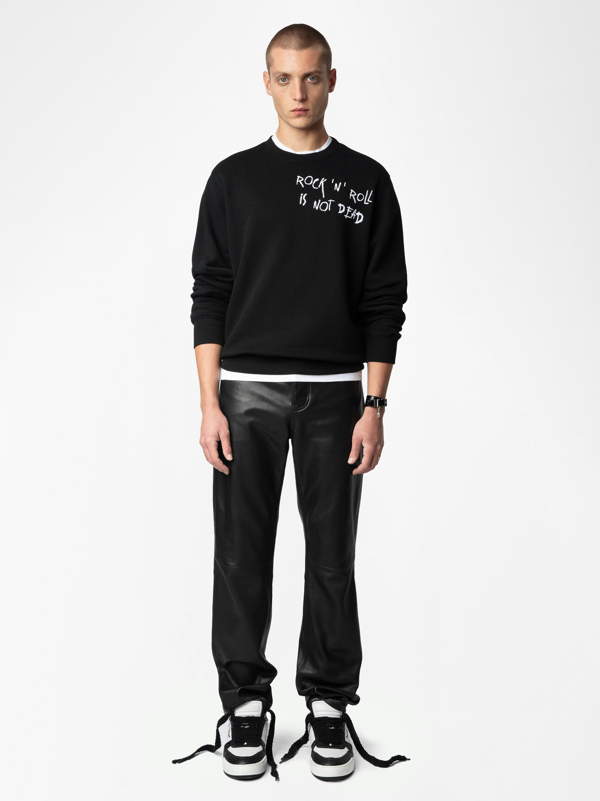 Aime Sweatshirt - Black fleece sweatshirt in organic cotton with long sleeves and "Rock'N'Roll Is Not Dead" embroidery.