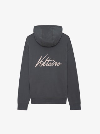 Sacha Sweatshirt - Grey zipped fleece sweatshirt with hood, long sleeves, and "Voltaire" print on the back.
