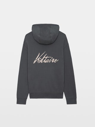 Sweatshirt Sacha - Sweatshirt molletonné zippé gris à capuche, manches longues et imprimé "Voltaire" au dos.
