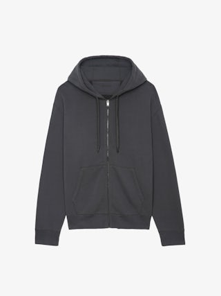 Sacha Sweatshirt - Grey zipped fleece sweatshirt with hood, long sleeves, and "Voltaire" print on the back.