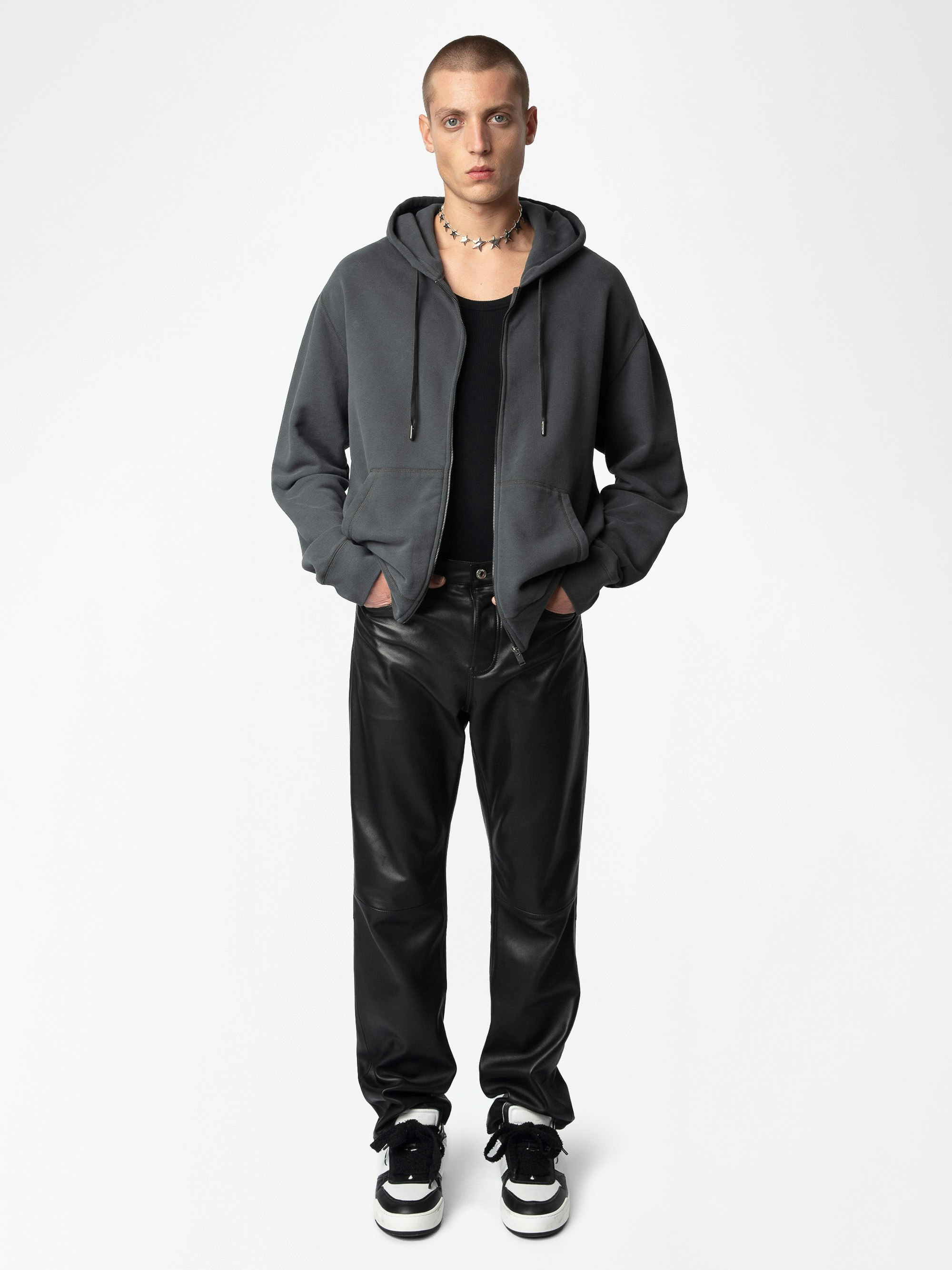 Sacha Sweatshirt - Grey zipped fleece sweatshirt with hood, long sleeves, and "Voltaire" print on the back.