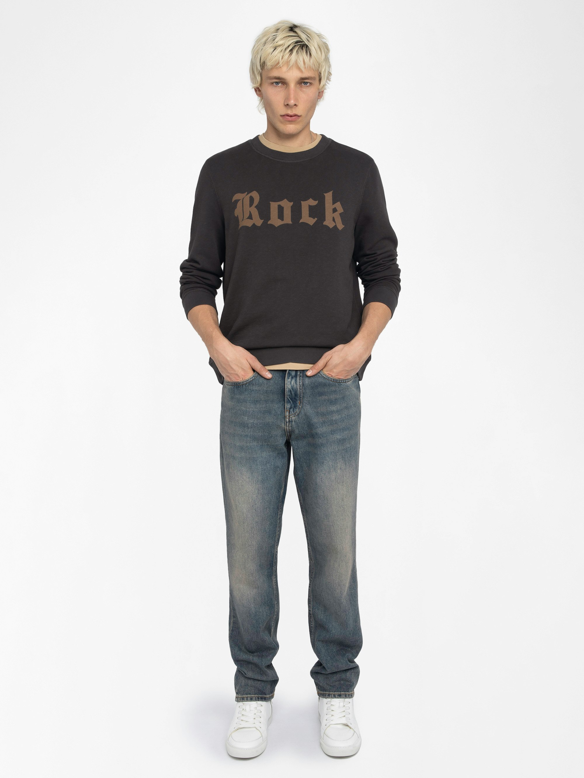 Sweatshirt Stony - Long-sleeved sweatshirt with chevron ribbed cuffs and front print.