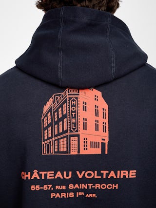 Sacha Sweatshirt - Unisex hooded sweatshirt with Chateau Voltaire design on back.