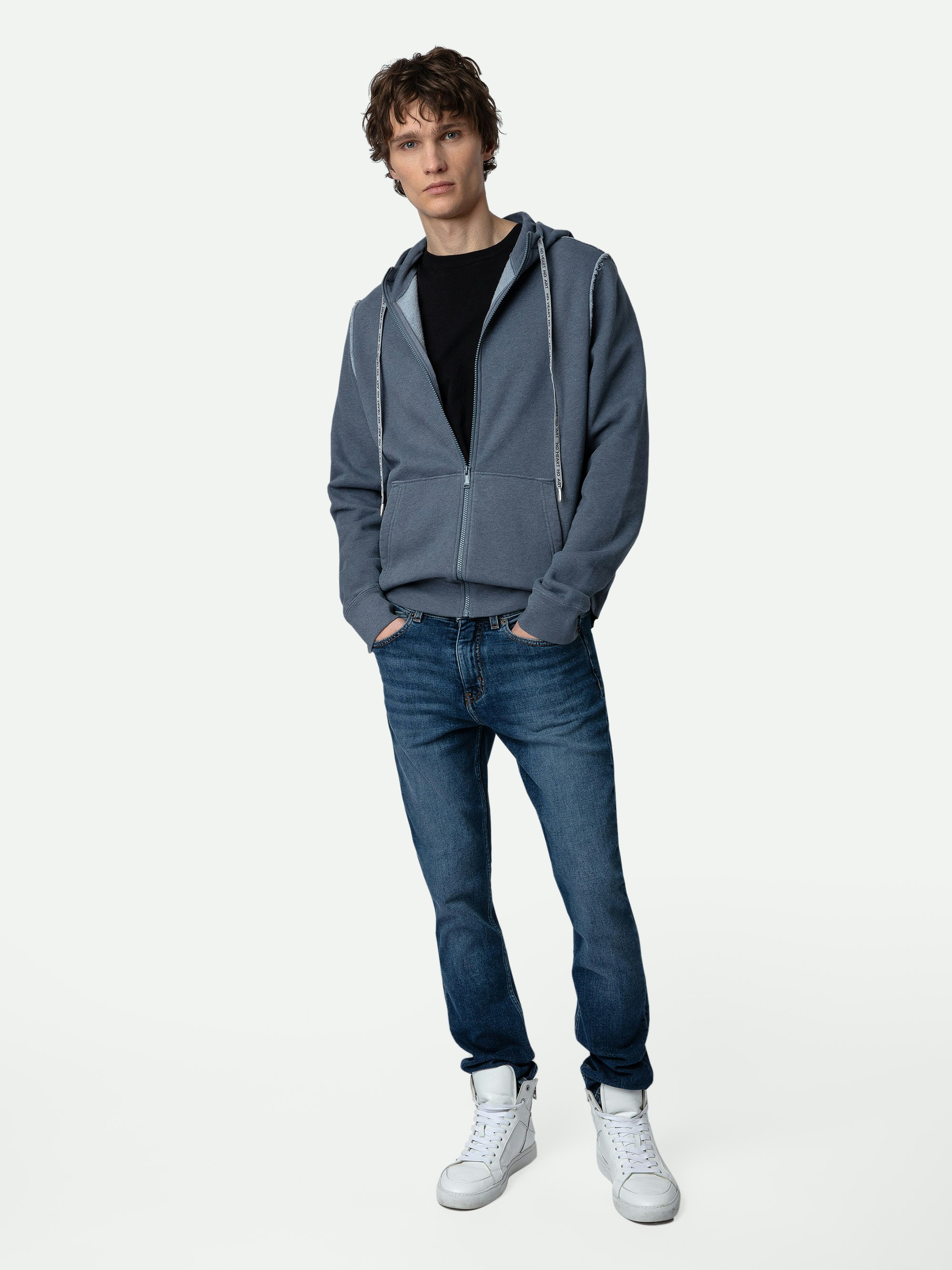Alex Sweatshirt - Men’s blue cotton zip-up fleece sweatshirt with motifs and tags on the back.