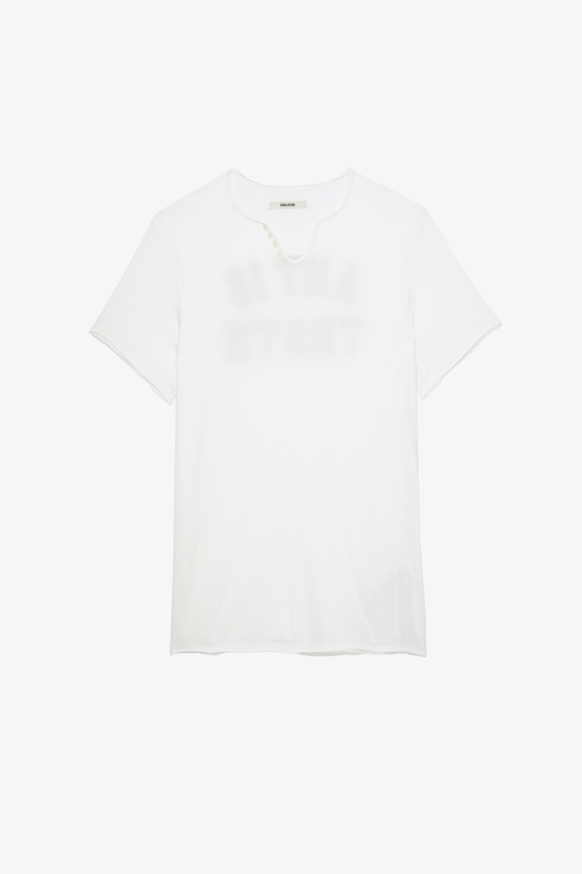 T-Shirt Monastir College Herren-T-Shirt aus weißer Baumwolle mit Henley-Ausschnitt, bedruckt mit Art is truth auf der Rückseite