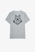 Monastir Henley T-shirt - Men's grey marl cotton Henley T-shirt with short sleeves and wolf motif on the back