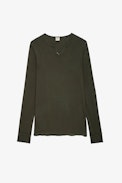 Monastir Henley T-Shirt - Men's khaki cotton T-shirt with long sleeves and wolf print on the back