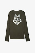 Monastir Henley T-Shirt - Men's khaki cotton T-shirt with long sleeves and wolf print on the back