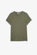 Monastir T-shirt - Men’s khaki cotton short-sleeved T-shirt with Henley collar
