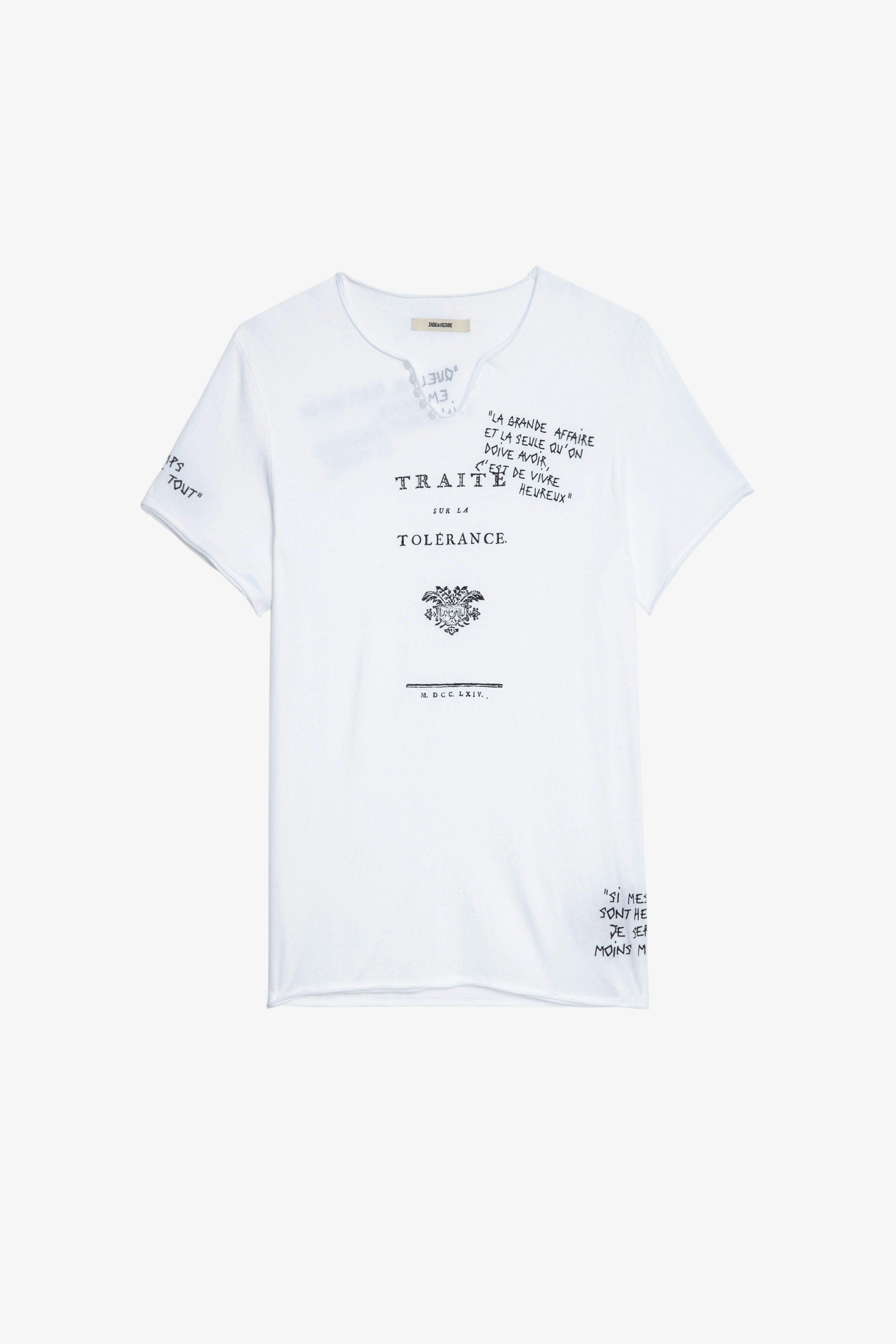 T-Shirt Monastir Kurzärmeliges Herren-T-Shirt mit Henley-Ausschnitt aus weißer Baumwolle mit Zitaten aus dem Werk Traité de la Tolérance