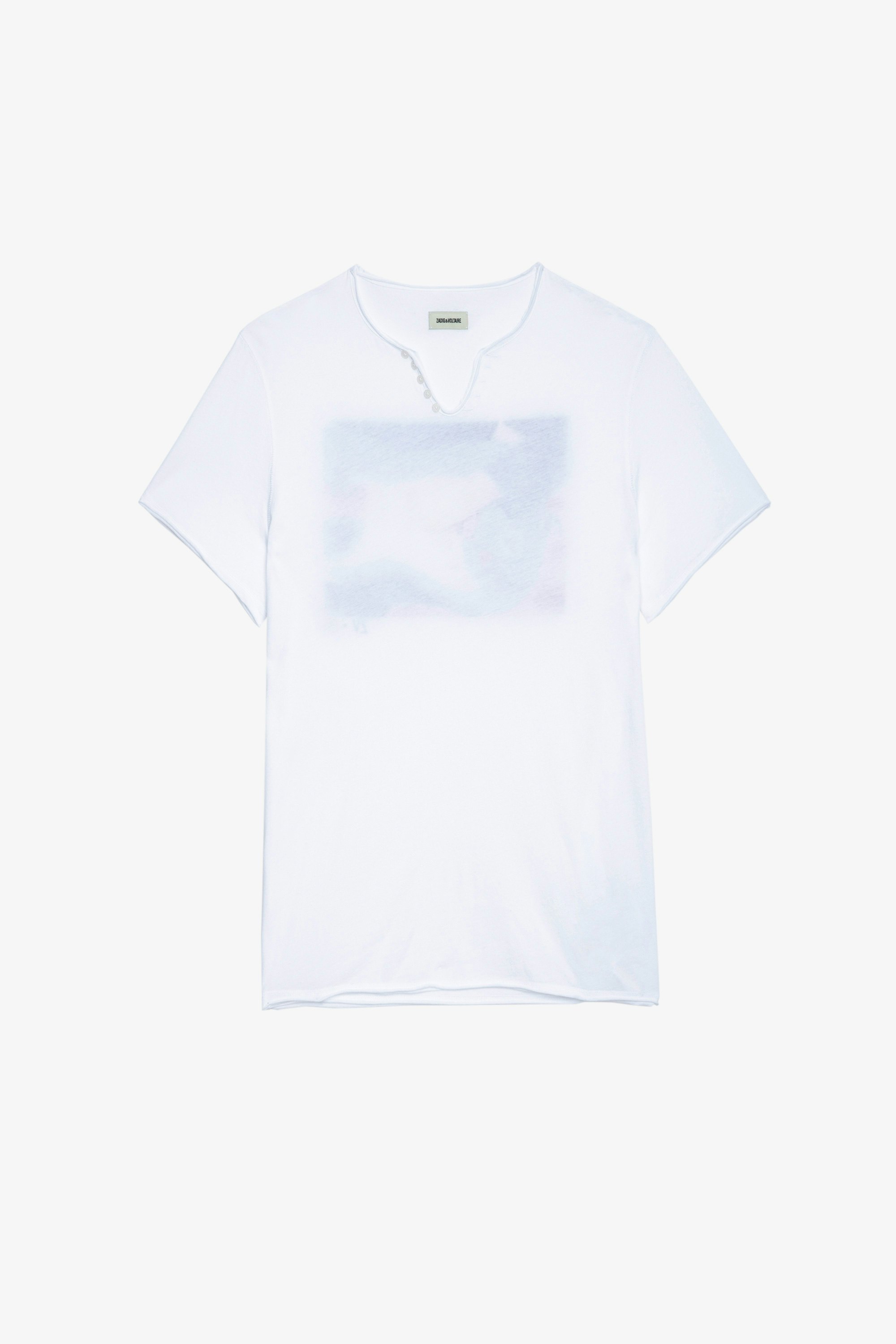 T-Shirt mit Henley-Ausschnitt Monastir Herren-T-Shirt aus weißer Baumwolle mit Fotoprint auf dem Rücken