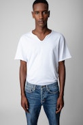 Monastir Henley T-shirt - Men's white cotton T-shirt with photoprint on the back