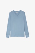 Monastir T-shirt - Men’s long-sleeve T-shirt in blue cotton with Henley neckline and “Voltaire” slogan on the back