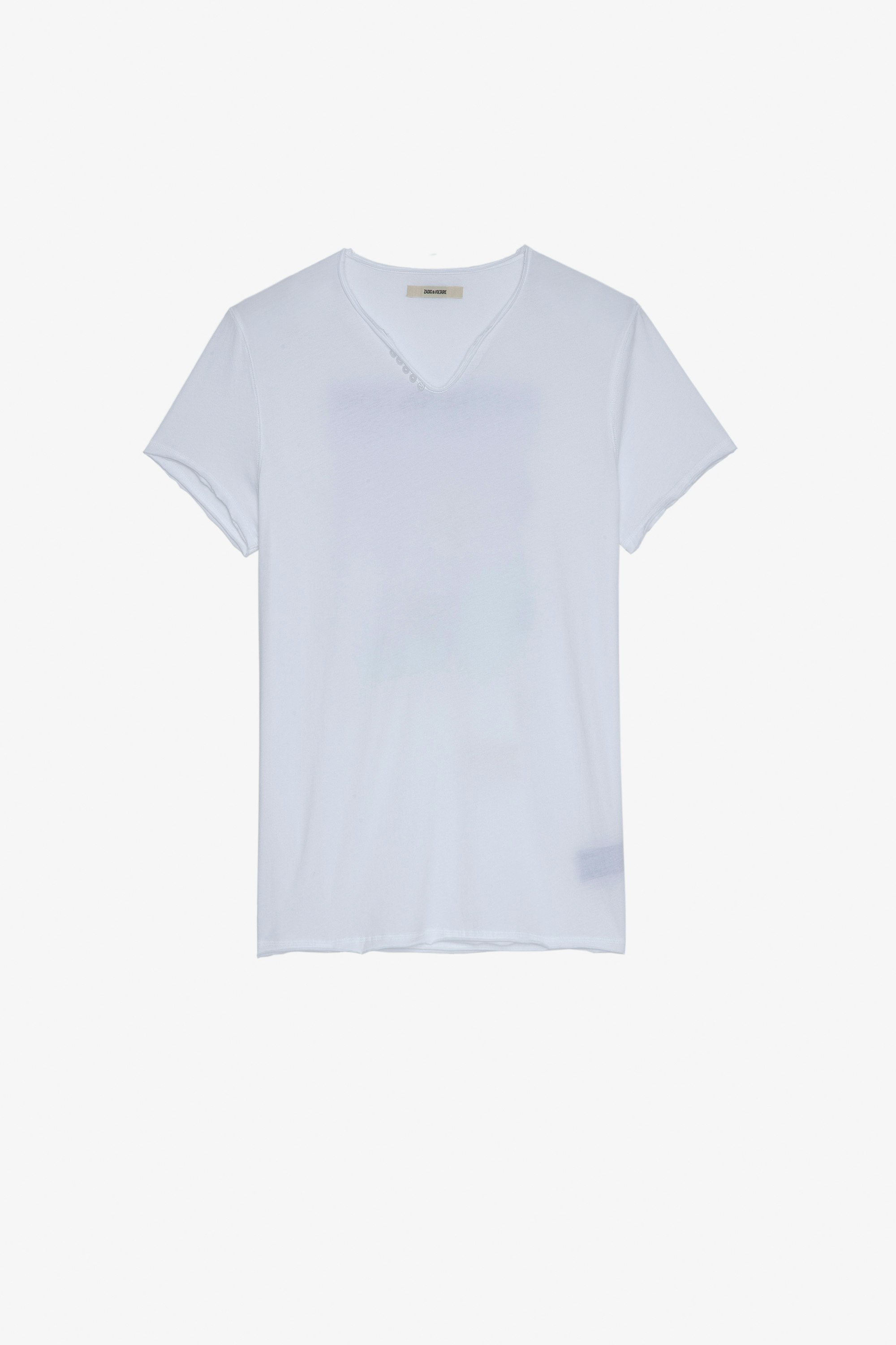 T-shirt Monastir T-shirt in cotone bianco con collo a serafino e stampa fotografica palma sul retro - Uomo