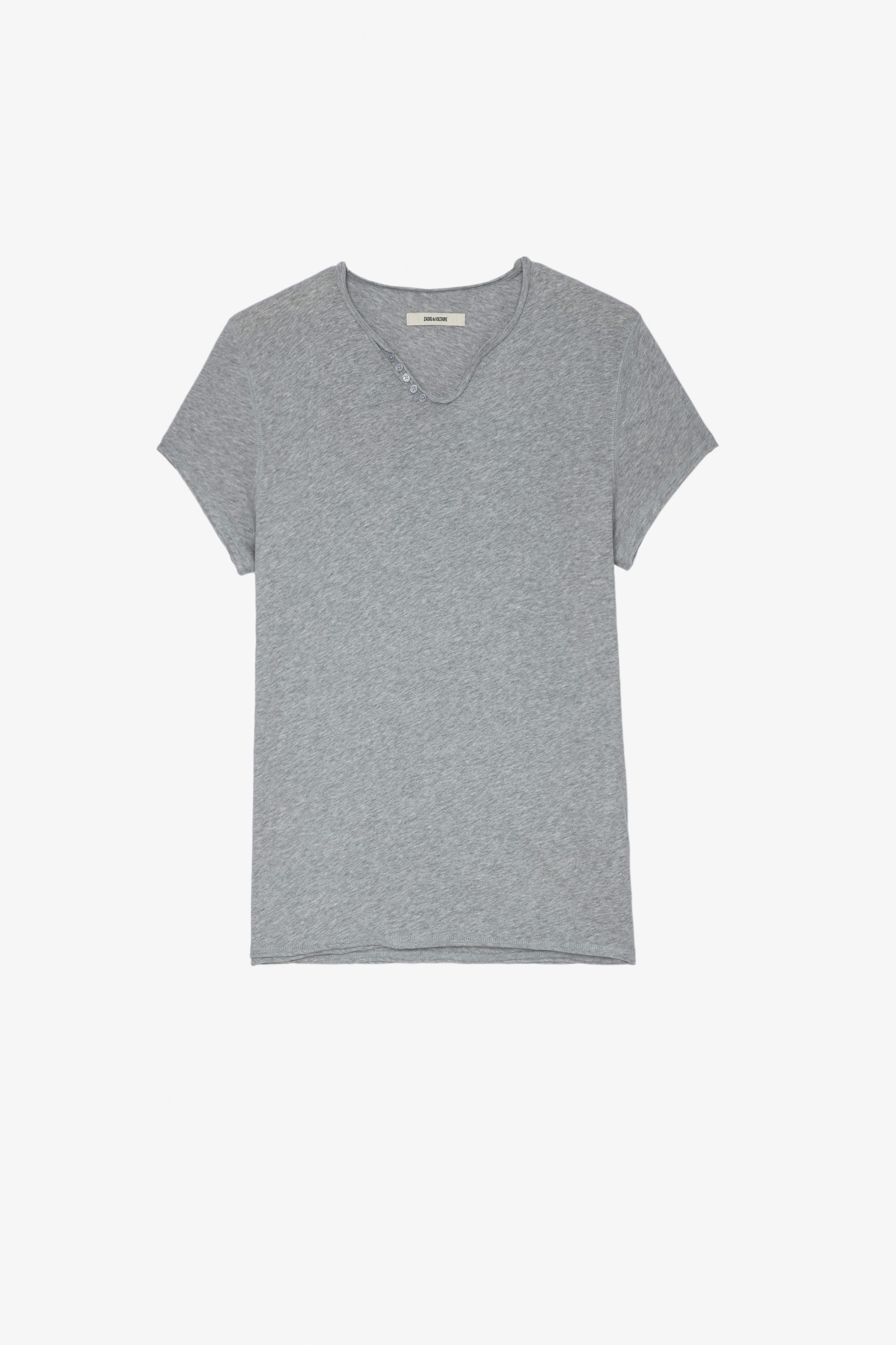 T-shirt Monastir T-shirt in cotone grigio screziato con collo a serafino e firma "Voltaire" Jormi sul retro - Uomo