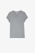 Monastir T-shirt - Men's grey marl cotton Henley T-shirt with Jormi "Voltaire" signature on the back