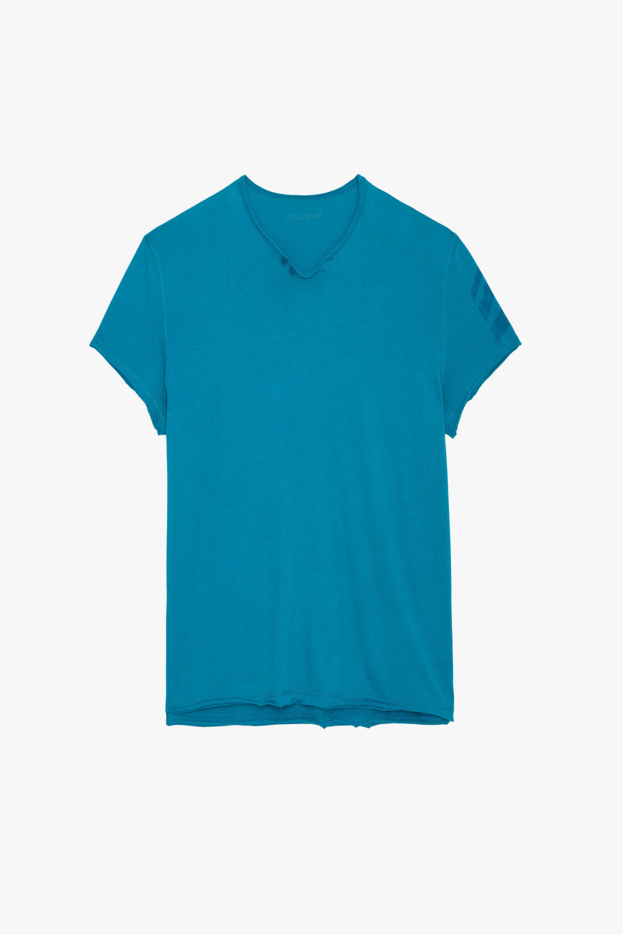 Tunisien Monasti Arrow - T-shirt à col tunisien en coton bleu canard à manches courtes et flèches sur la manche gauche.