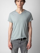 Monastir Arrow Henley T-shirt - Grey organic cotton Henley T-shirt with short sleeves and “No Heart No Art” embroidery.