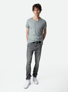 Monastir Arrow Henley T-shirt - Grey organic cotton Henley T-shirt with short sleeves and “No Heart No Art” embroidery.